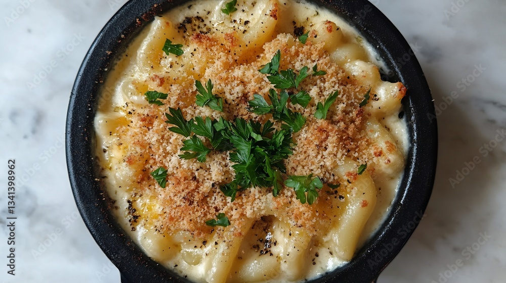 Top down view of American baked mac cheese with truffle oil garnished with parsley and breadcrumbs served in a black skillet Top down view of American baked mac cheese with truffle oil garnished with parsley and breadcrumbs served in a black skillet
