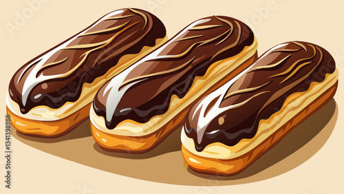 Photorealistic chocolate éclairs with glossy dark chocolate and white drizzle on a white table surface, featuring creamy custard filling and soft lighting