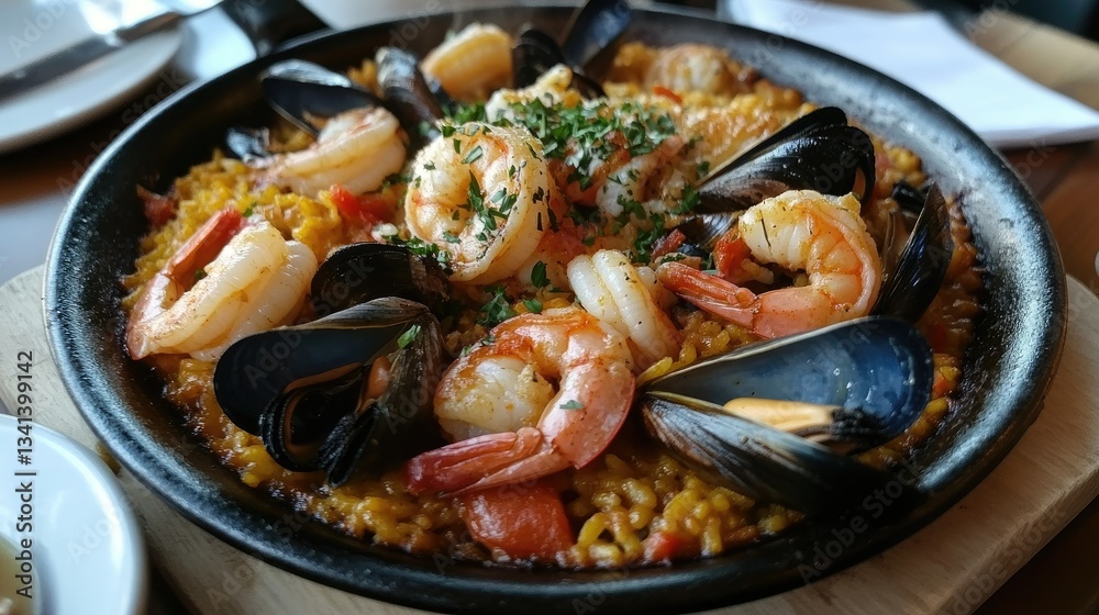 A seafood paella with shrimp, mussels, and saffron-infused rice served in a traditional pan. A seafood paella with shrimp, mussels, and saffron-infused rice served in a traditional pan.
