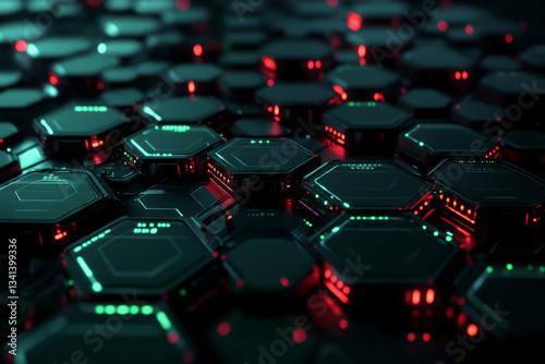 A dark cyberpunk-inspired 3D background with metallic hexagons arranged in a complex honeycomb pattern. Each hexagon is edged with glowing red and green LED lights and connected by thin pulsating