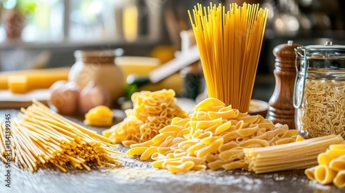 A selection of Italian dried pasta varieties including spaghetti, penne, and fusilli on a rustic kitchen counter.