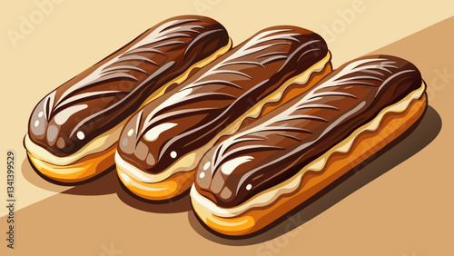 Photorealistic chocolate éclairs with glossy dark chocolate and white drizzle on a white table surface, featuring creamy custard filling and soft lighting