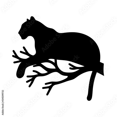 Big cat lying on tree branch silhouette on white background