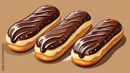 Photorealistic chocolate éclairs with glossy dark chocolate and white drizzle on a white table surface, featuring creamy custard filling and soft lighting