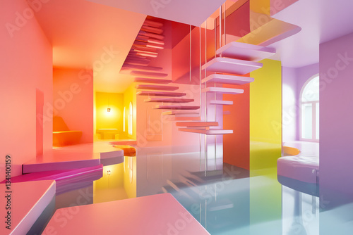 A surreal dreamscape 3D background room with floating staircases, upside-down furniture, and shifting colors that transition between pastel and neon hues. The gravity-defying elements and distorted