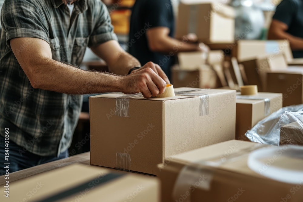 A person groups of small business owners using tape to seal cardboard boxes for parcels, preparing shipping packaging on a table in an online e-commerce background. A person groups of small business owners using tape to seal cardboard boxes for parcels, preparing shipping packaging on a table in an online e-commerce background.