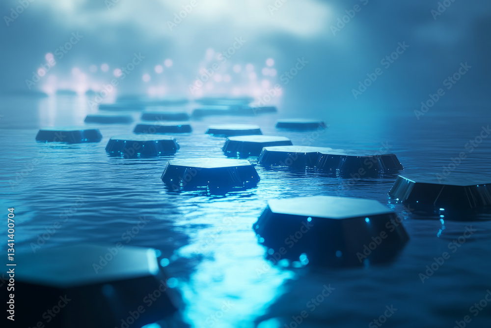 Naklejka premium A surreal 3D environment where floating hexagonal platforms stretch endlessly over a digital ocean. The calm water reflects the glowing blue hexagonal pathways, creating a dreamlike futuristic scene,