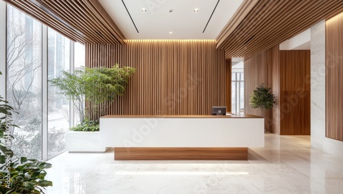 Modern reception area showcasing natural wood and white accents