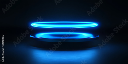 A sci-fi inspired 3D background featuring a floating, levitating platform illuminated by glowing blue energy rings. The dark void surrounding the structure adds to the sense of mystery and futuristic