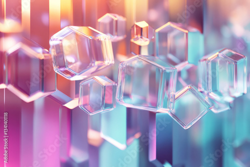 A surreal 3D background featuring floating, crystal-like hexagons refracting light into a spectrum of colors. The delicate transparency and prismatic reflections create an ethereal, dreamlike