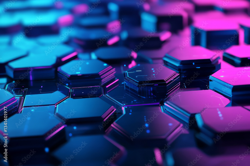 Fototapeta premium A digital-inspired 3D background featuring fragmented hexagons, some dissolving into pixel-like structures. The glitch effect, combined with neon blue and magenta lighting, adds a cyber-digital