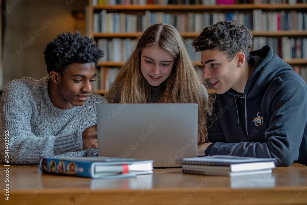 students and laptop in library for discussion, planning and working on research assignment. students and laptop in library for discussion, planning and working on research assignment.
