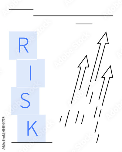 Stacked blue RISK blocks with upward-pointing arrows symbolizing overcoming obstacles and achieving growth. Ideal for risk management, progress, success strategies, business growth, challenges