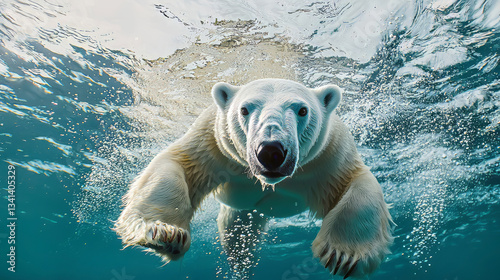 White polar bear is swimming under the water with bubbles of air in the background of a blue clear water with rays of sun. Polar bear in action. Effects of climate change. Global warming.
