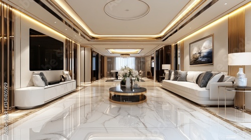Modern luxury interior design with white sofas, marble flooring, and gold accents.