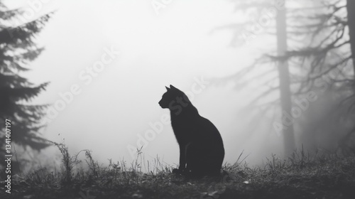 Silhouetted black cat sitting in a foggy forest.