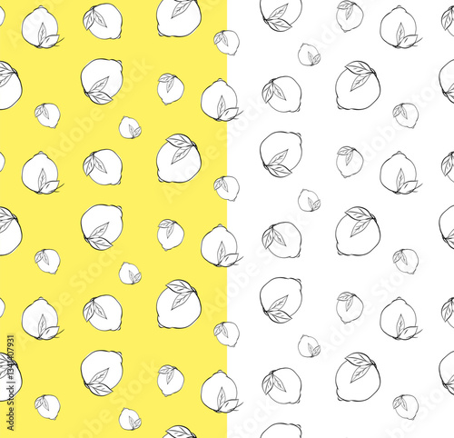 Lemon citric orange with leaves seamless pattern. Vector black and white graphic line ink illustration on transparent background. Trendy summer background. Vector print for fabric or wallpaper.