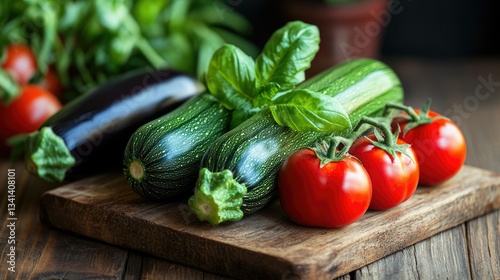 Freshly picked zucchini, eggplant, and tomatoes placed on a wooden table for an authentic Italian vegetable medley.