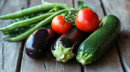 Freshly picked zucchini, eggplant, and tomatoes placed on a wooden table for an authentic Italian vegetable medley.