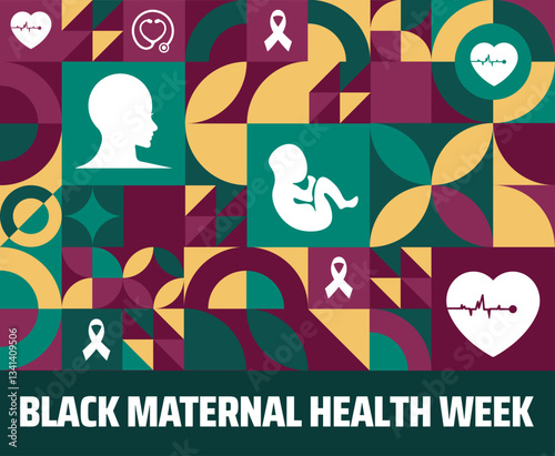 Black Maternal Health Week geometric shape pattern background banner or poster design template. observed every year in  April. Holiday concept. Use to any Template, card, poster, placard, template.