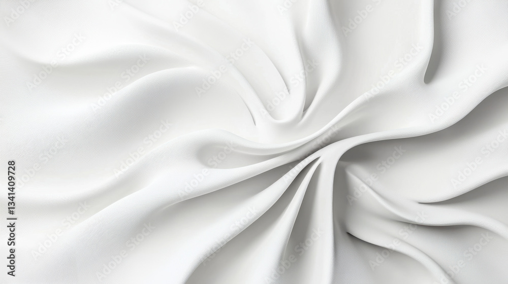 Fototapeta premium Smooth, luxurious white satin fabric drapes and folds, creating a mesmerizing swirl pattern with highlights and shadows that accentuate its texture