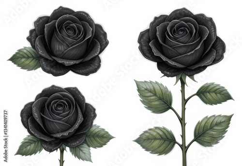 set of black roses in a white background
