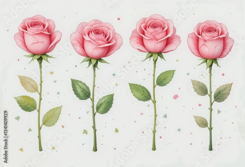 set of pink roses in a white background