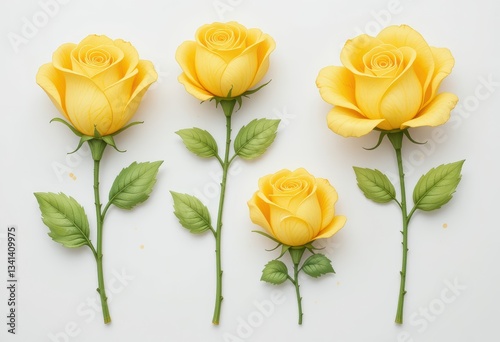 set of yellow roses in a white background