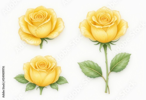 set of yellow roses in a white background