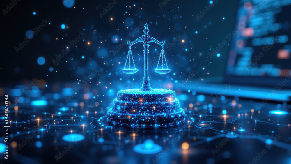 Electronic justice figure stands atop a network of digital nodes, symbolizing cyber law and order within virtual spaces. Electronic justice figure stands atop a network of digital nodes, symbolizing cyber law and order within virtual spaces.