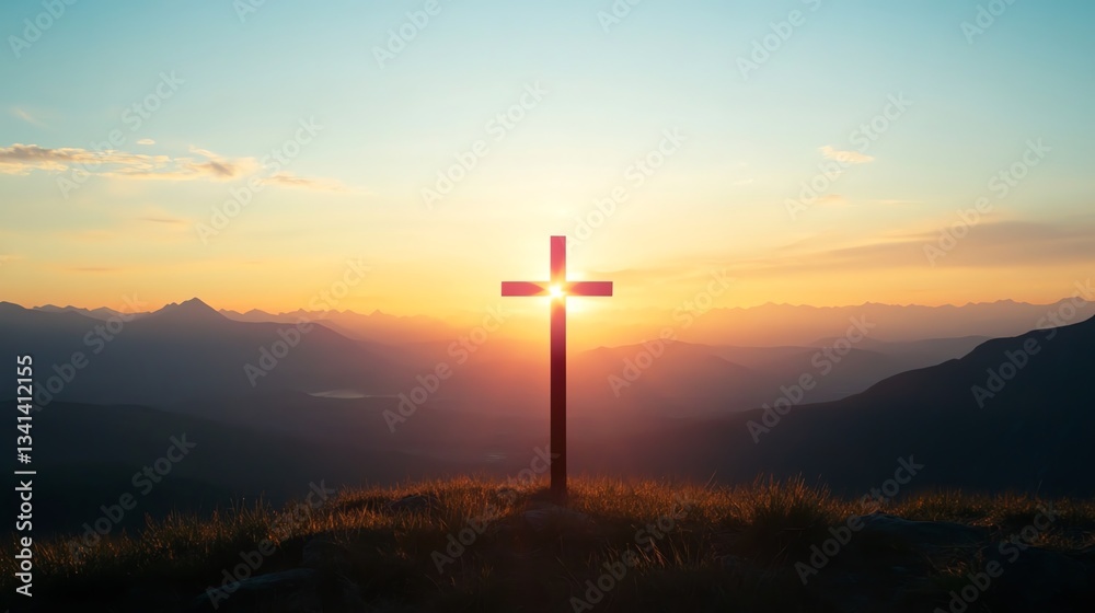 Cross Silhouetted against a Sunset over Mountainous Landscape Cross Silhouetted against a Sunset over Mountainous Landscape