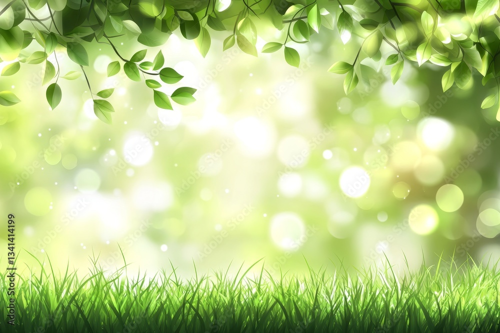 Lush green leaves, meadow, sunlight, bokeh background Lush green leaves, meadow, sunlight, bokeh background