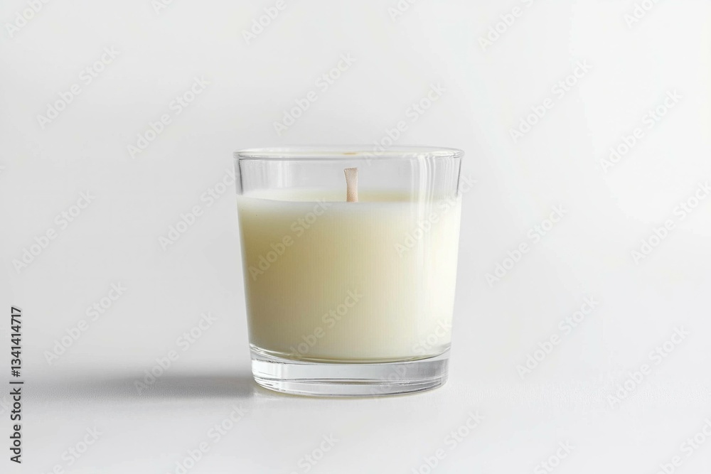 Minimalistic white scented candle in a clear glass jar, symbolizing tranquility and relaxation for modern interiors and wellness spaces Minimalistic white scented candle in a clear glass jar, symbolizing tranquility and relaxation for modern interiors and wellness spaces