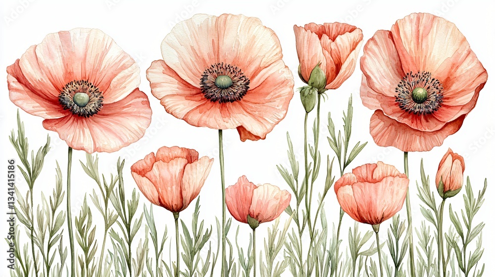 Obraz premium Watercolor Poppies, Floral Arrangement, White Background
