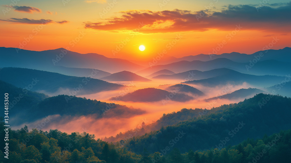 Fototapeta premium Majestic Sunrise Over Misty Mountain Ranges Scenic Landscape Photography