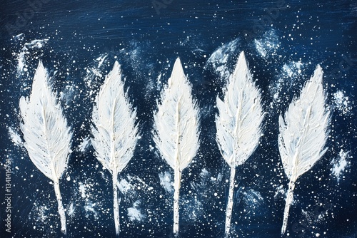 Five white leaves painted on a dark blue background with splashes of white.