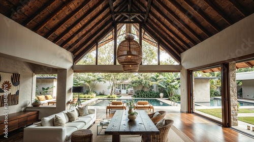 Luxurious open-plan tropical living space high vaulted wood and thatch ceiling  large windows  sliding doors opening to a lush garden and pool.
