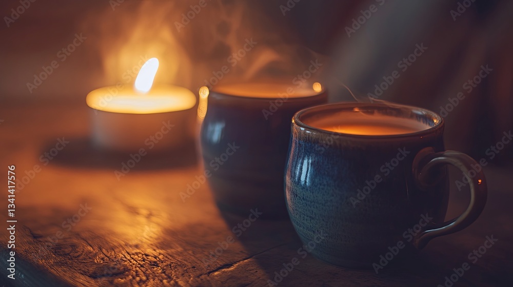A pair of elegant ceramic mugs, resting on a table next to a burning candle in a dimly lit room pic A pair of elegant ceramic mugs, resting on a table next to a burning candle in a dimly lit room pic