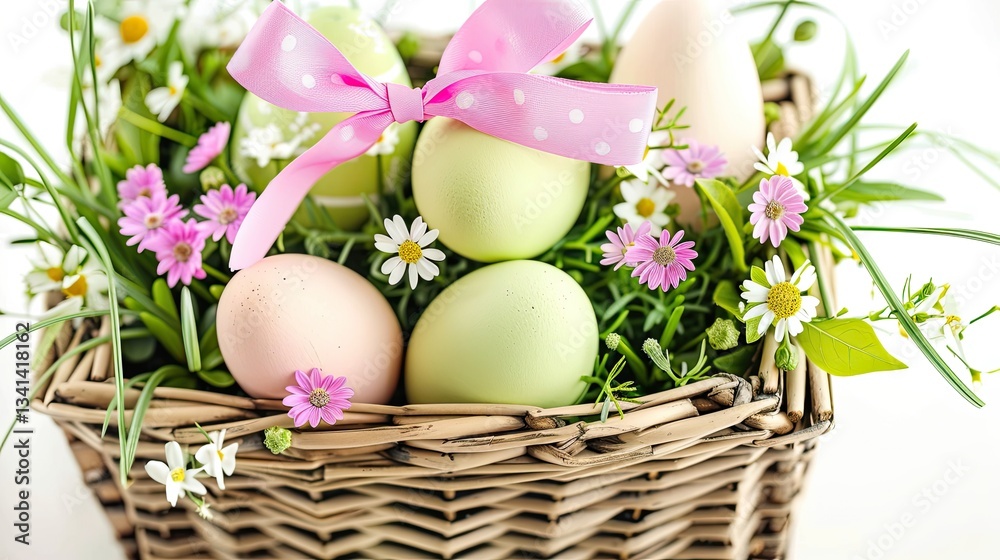 A pastel-colored basket filled with eggs and flowers A pastel-colored basket filled with eggs and flowers