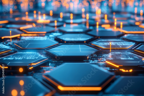 A sci-fi inspired 3D background featuring hexagonal windows revealing a glowing, grid-like cityscape beneath. The illuminated urban details add an element of futuristic architecture, evoking a sense