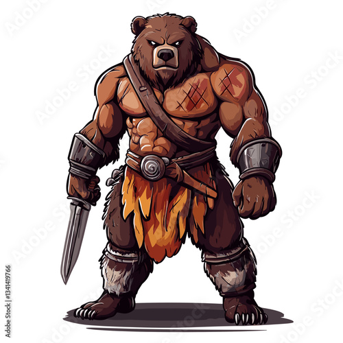 Ancient warrior bear ready for battle with muscular build and fierce expression in his historical armor