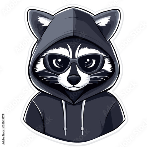 Hacker raccoon mask sticker featuring a cool character in a hoodie with glasses and a playful attitude