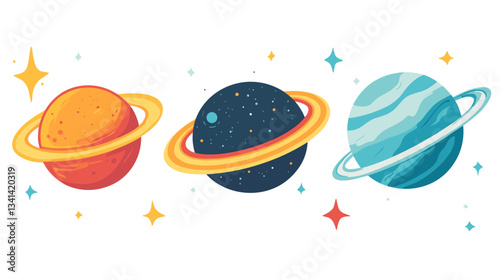Three colorful planets with distinct rings and craters illustrating a vibrant cosmic landscape