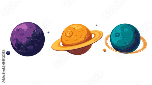 Colorful representation of three planets with unique textures and craters in a cosmic space setting