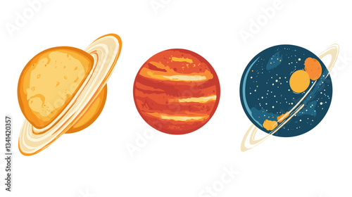 Three colorful planets featuring craters and rings against a dark space backdrop