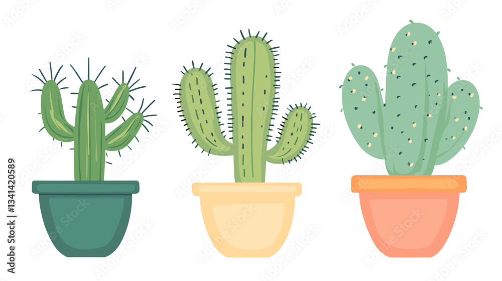 Three distinct cactuses in clean pots showcasing unique features and vibrant colors in a simple arrangement Three distinct cactuses in clean pots showcasing unique features and vibrant colors in a simple arrangement