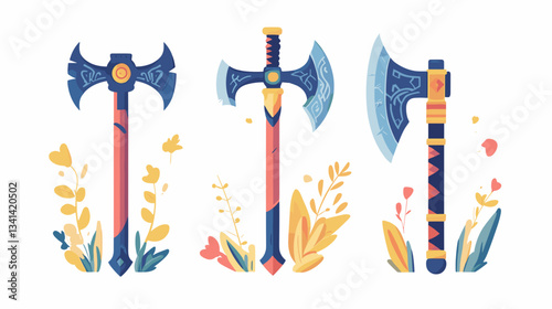 Three distinctive medieval weapons including a sword and two axes designed with intricate details