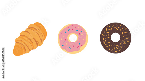 Delicious assortment of croissant, donut with sprinkles, and chocolate donut ready to enjoy in a bakery setting