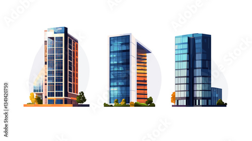 Modern urban skyline illustration showcasing three unique high-rise buildings in a vibrant city setting during daylight