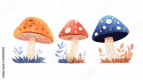 Colorful modern illustration of three whimsical mushrooms in a vibrant natural setting